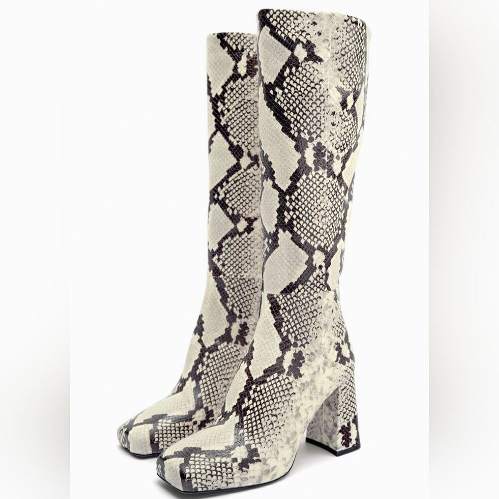 NWT ZARA BOOTS SNAKE PRINT INNER PLATFORM LEATHER HEELED KNEE HIGHโBOOTS - Picture 11 of 14
